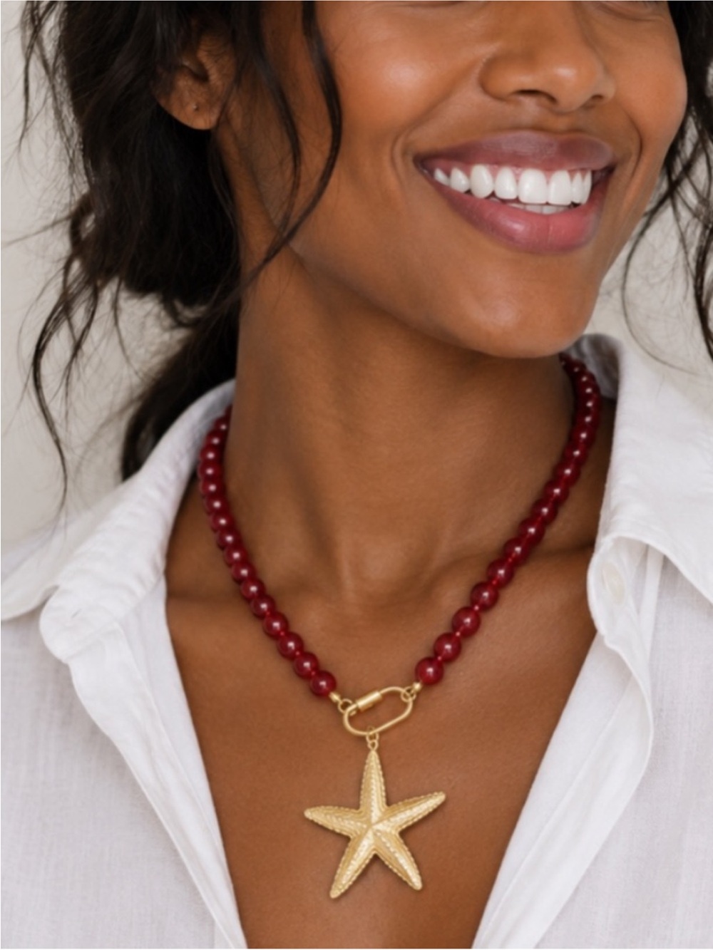 New! Red Beaded Gold Starfish Carabiner Necklace NWOT 1050